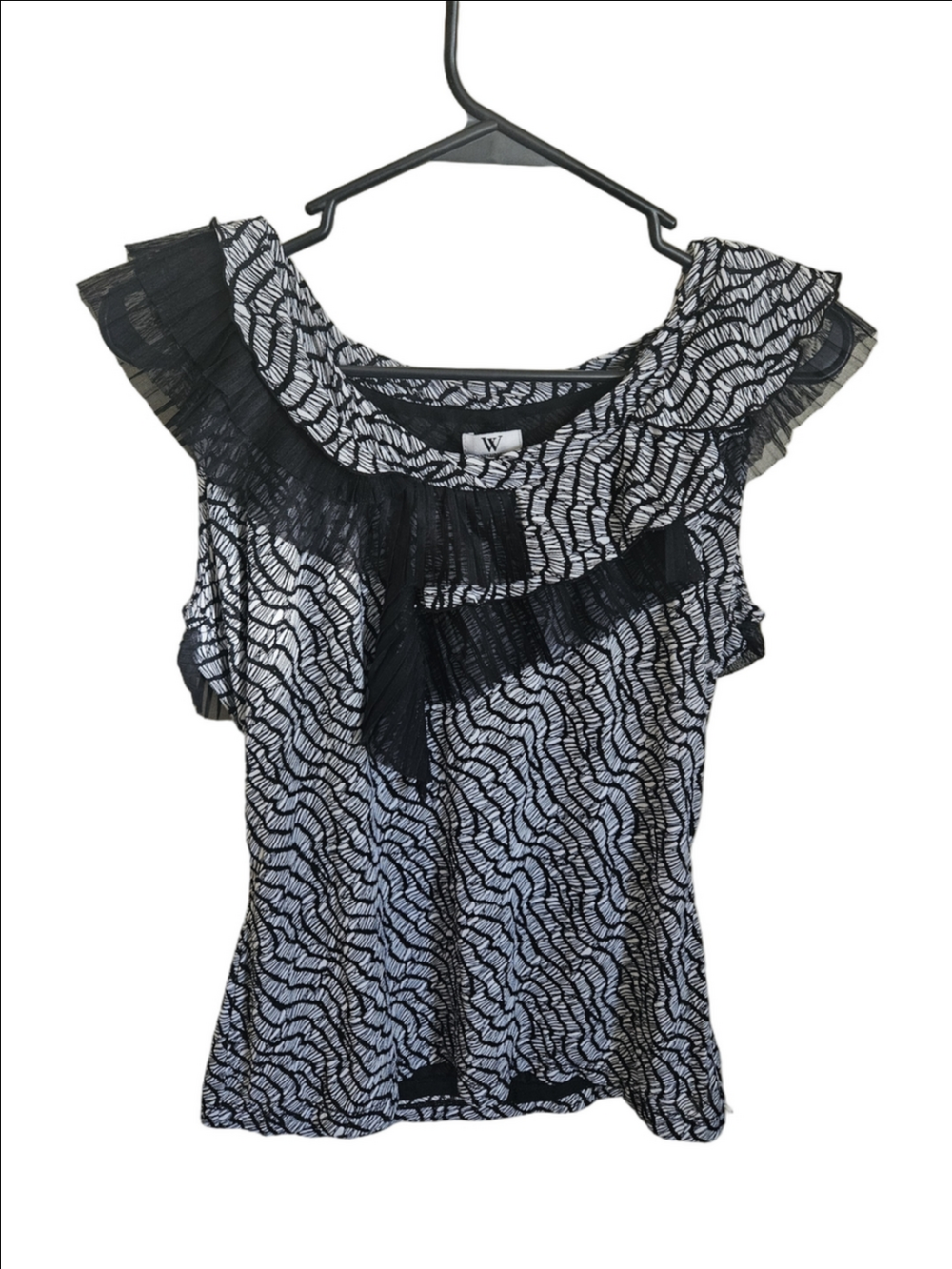 Worthington Black and White Ruffled Sheer-Trim Sleeveless Top